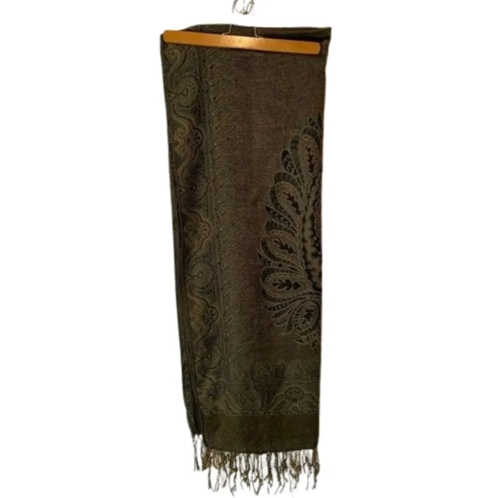 One of a Kind Cashmere Scarf Shawl Dark Green Brown 27
